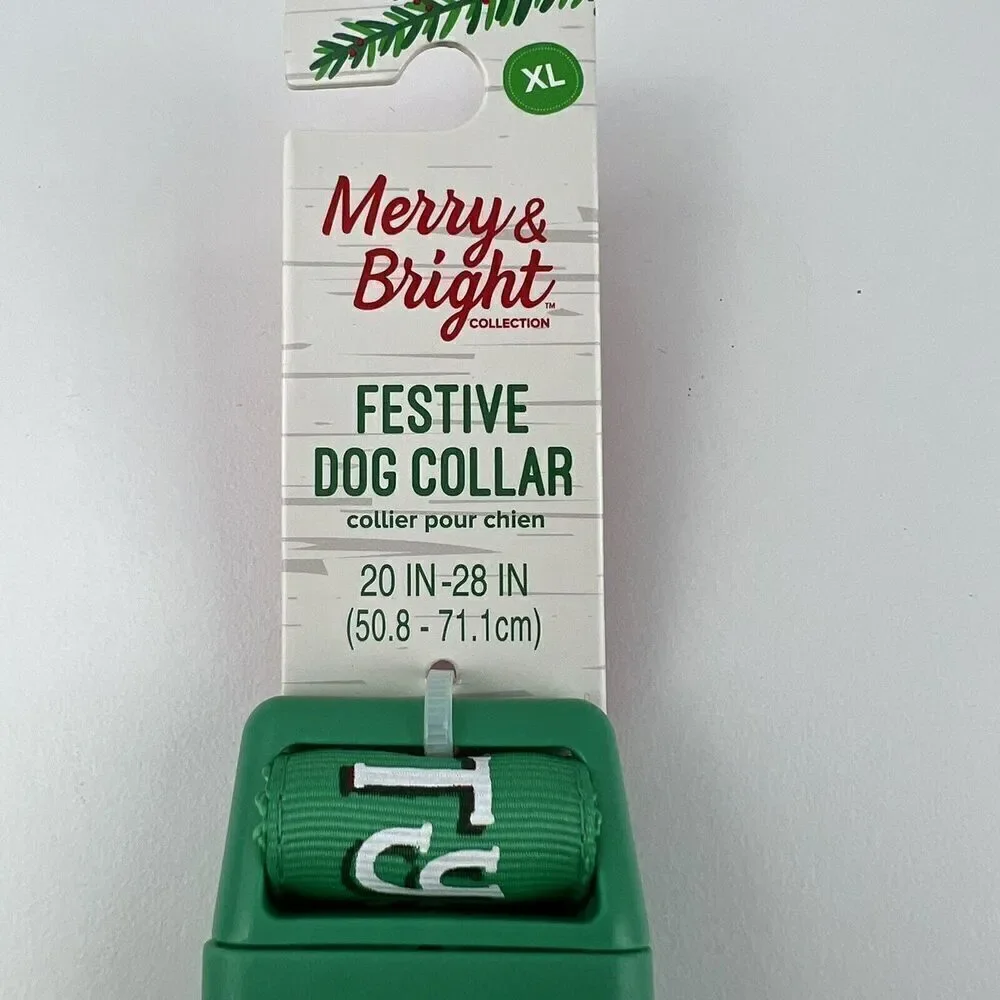 Merry Bright Adjustable Holiday Themed Dog Collar “Naughty Nice” Green Size XL